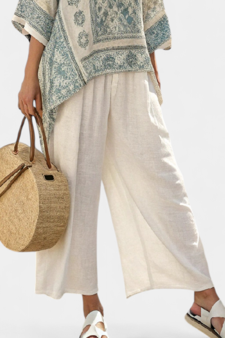 Lisa - Comfortable Printed Blouse and Wide-Leg White Pants