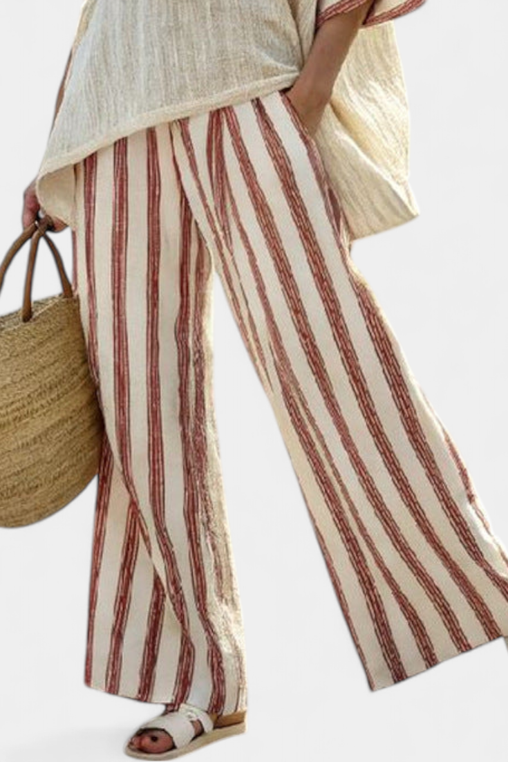 Linda - Elegant Rustic Striped Top and Cream Linen Pants