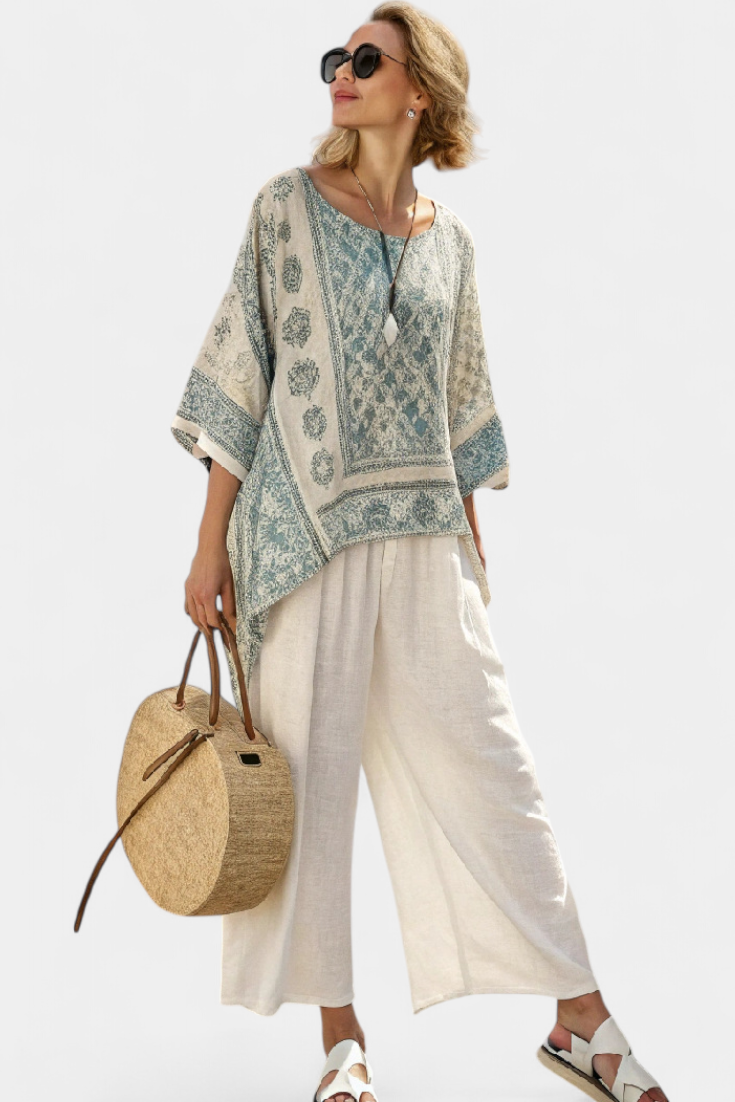 Lisa - Comfortable Printed Blouse and Wide-Leg White Pants
