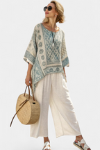 Lisa - Comfortable Printed Blouse and Wide-Leg White Pants