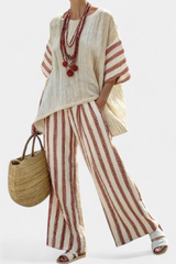 Linda - Elegant Rustic Striped Top and Cream Linen Pants