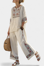 Ann - Embroidered Blouse and Wide-Leg Pants Set