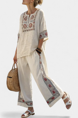Ann - Embroidered Blouse and Wide-Leg Pants Set