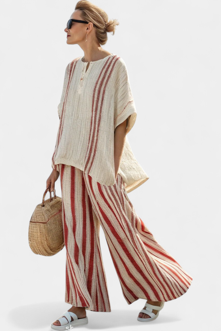 Mira - Structured Red Striped Top and Linen Pants