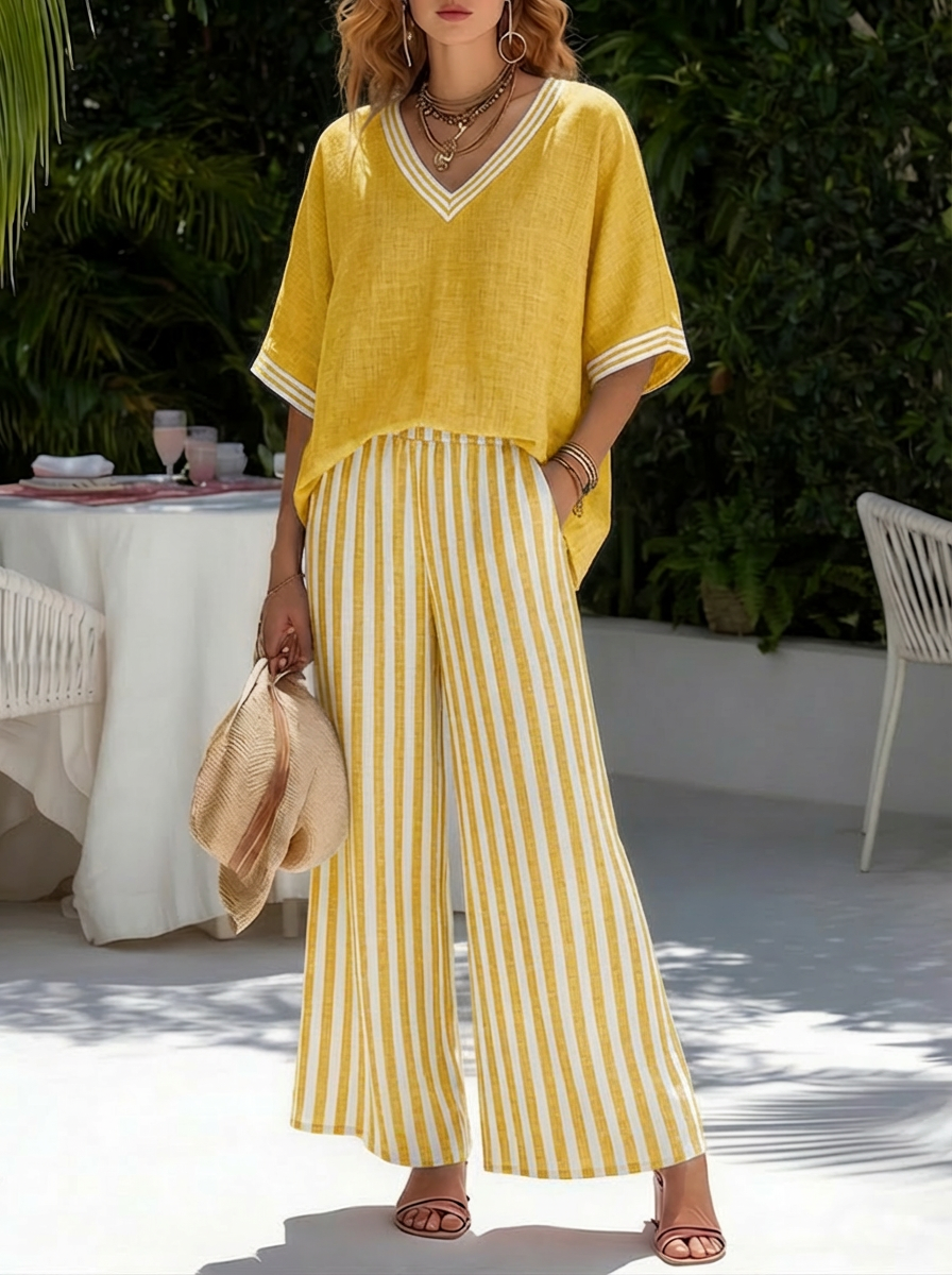 Kara - Striped Linen Cotton Two-Piece Set