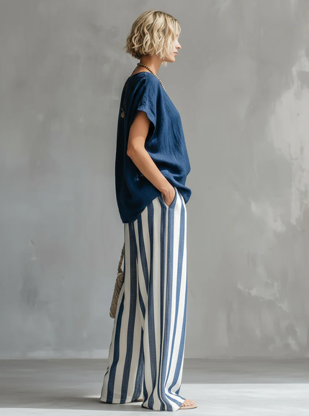 Nicole - Cozy Loose-fit Striped Cotton-linen Two-piece Set