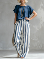 Nicole - Cozy Loose-fit Striped Cotton-linen Two-piece Set