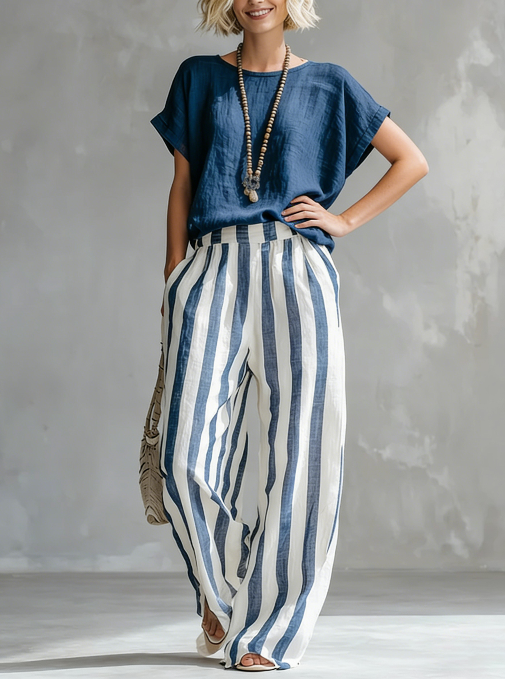 Nicole - Cozy Loose-fit Striped Cotton-linen Two-piece Set