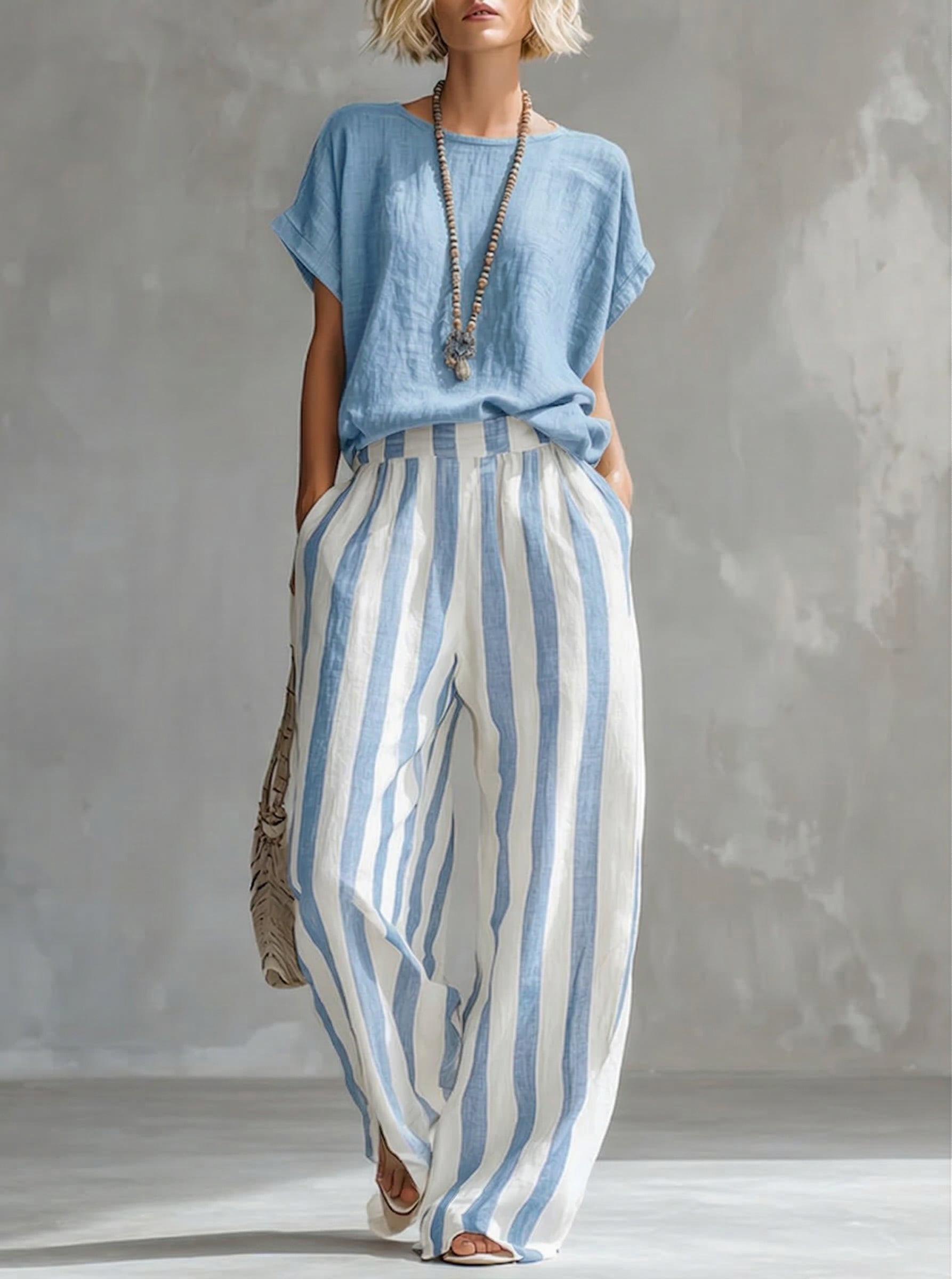 Nicole - Cozy Loose-fit Striped Cotton-linen Two-piece Set