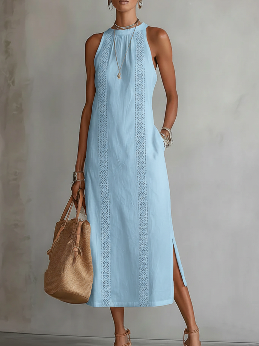 Janina - Linen Midi Dress with Mao Collar