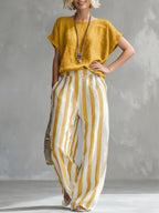 Nicole - Cozy Loose-fit Striped Cotton-linen Two-piece Set