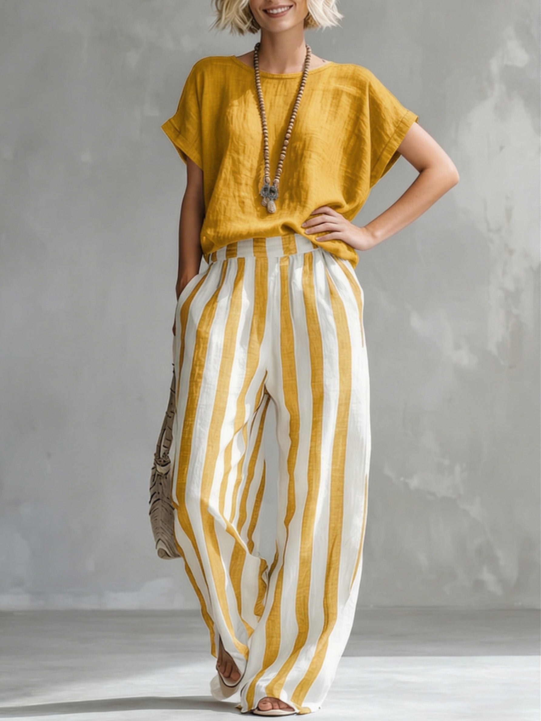 Nicole - Cozy Loose-fit Striped Cotton-linen Two-piece Set