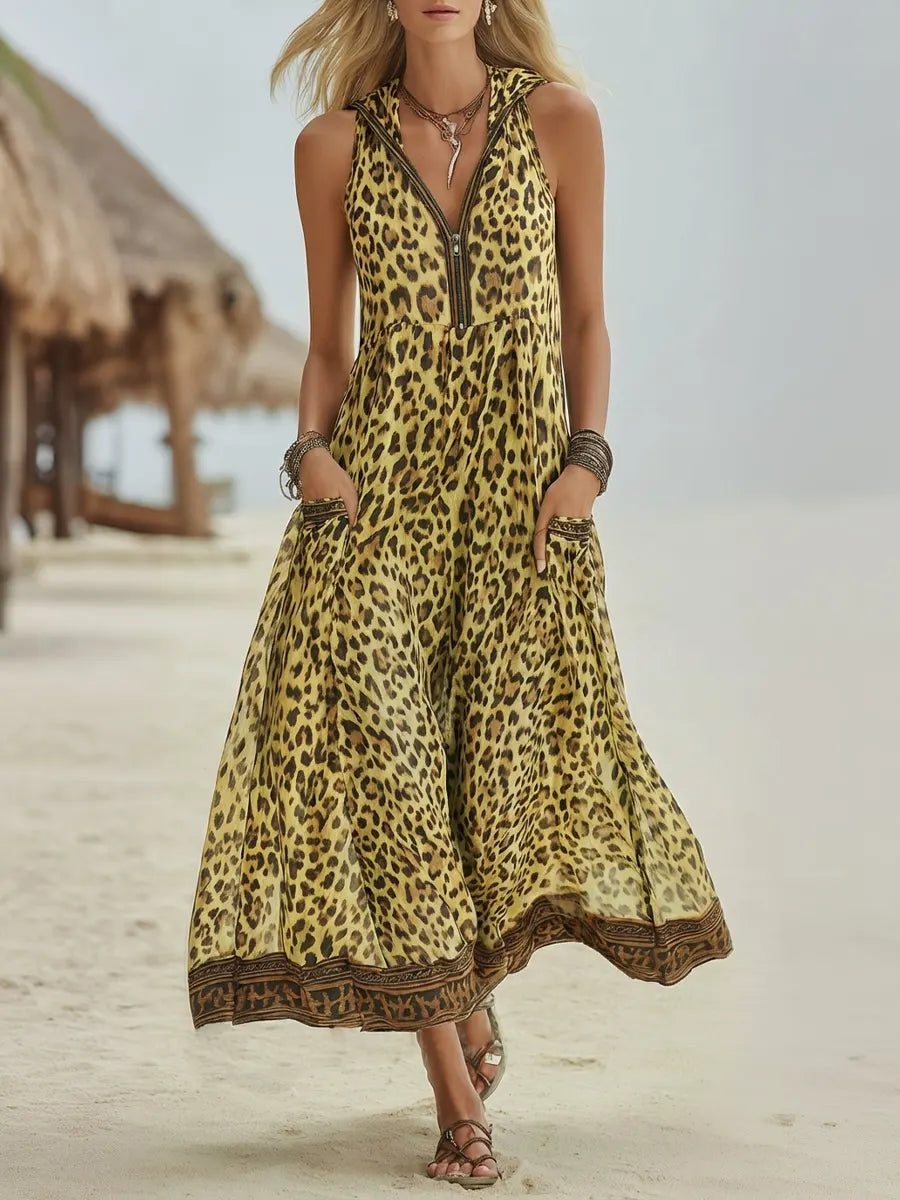 Polly - Green Leopard Print Hooded Midi Dress