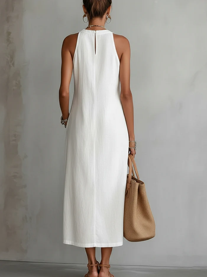 Janina - Linen Midi Dress with Mao Collar