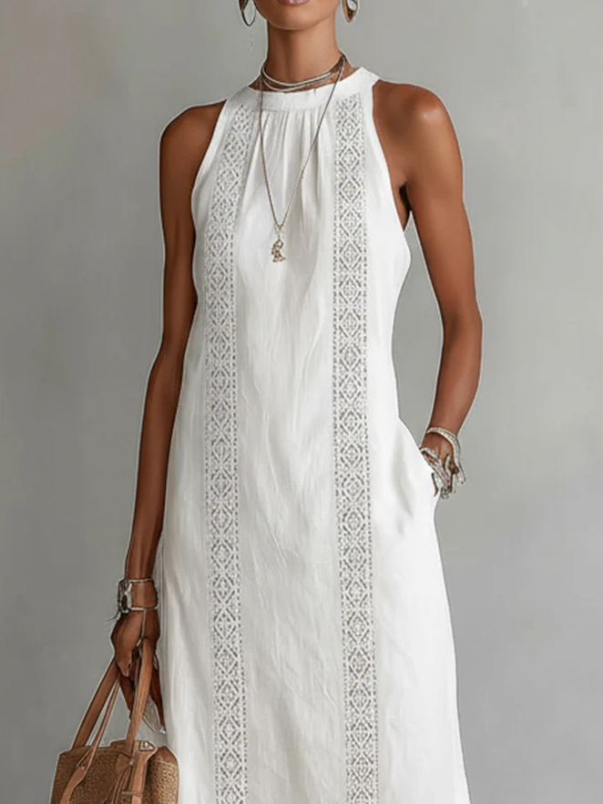 Janina - Linen Midi Dress with Mao Collar