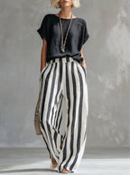 Nicole - Cozy Loose-fit Striped Cotton-linen Two-piece Set