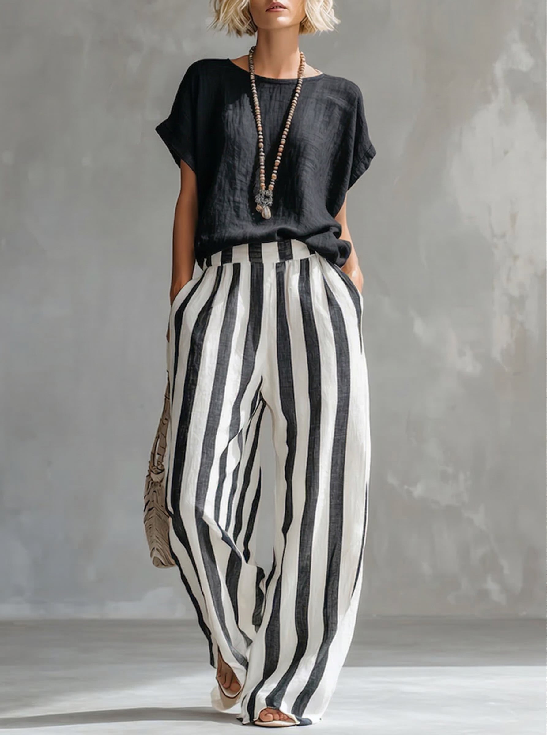 Nicole - Cozy Loose-fit Striped Cotton-linen Two-piece Set