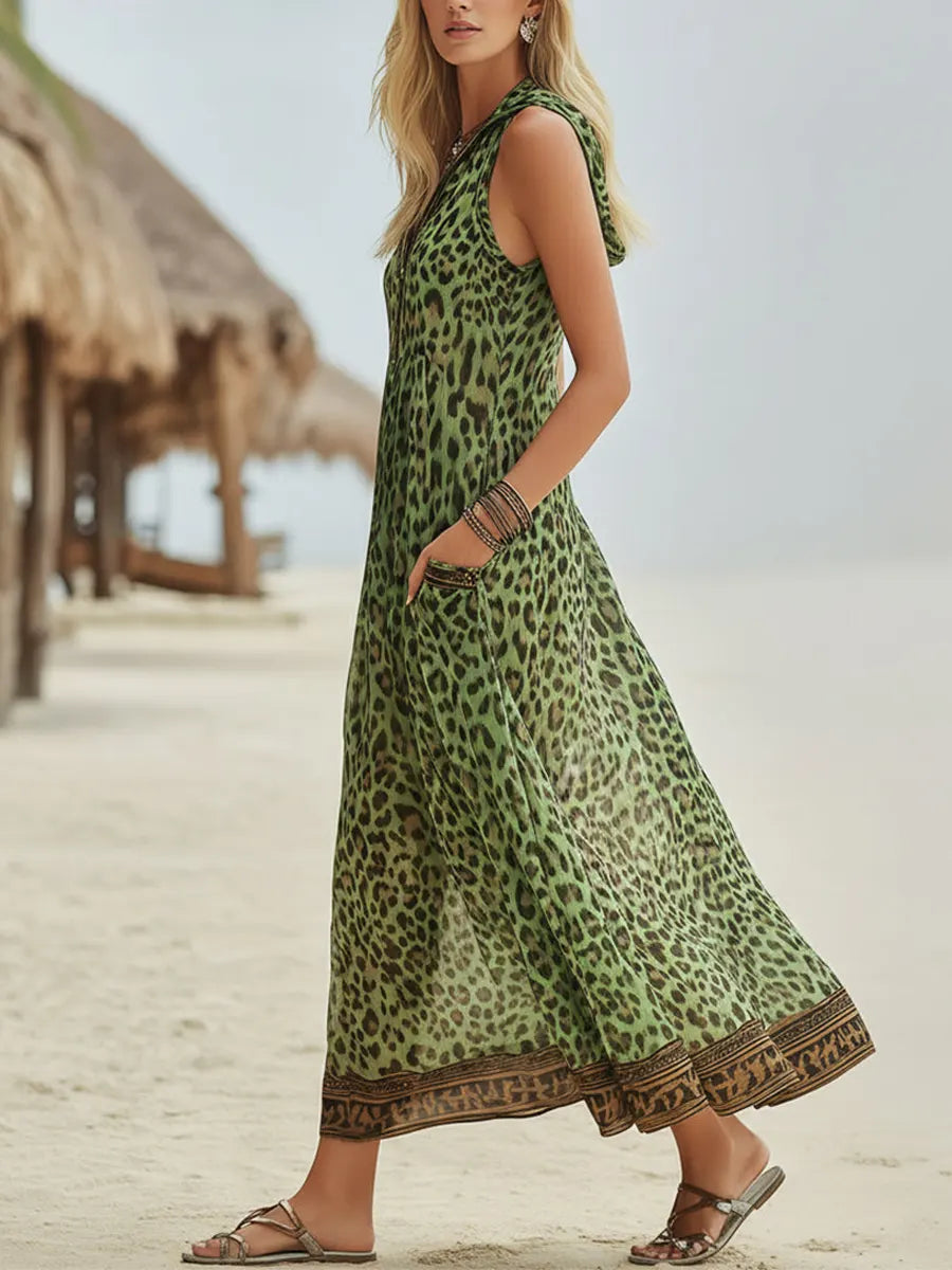 Polly - Green Leopard Print Hooded Midi Dress