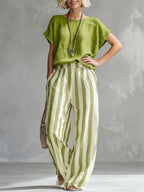 Nicole - Cozy Loose-fit Striped Cotton-linen Two-piece Set