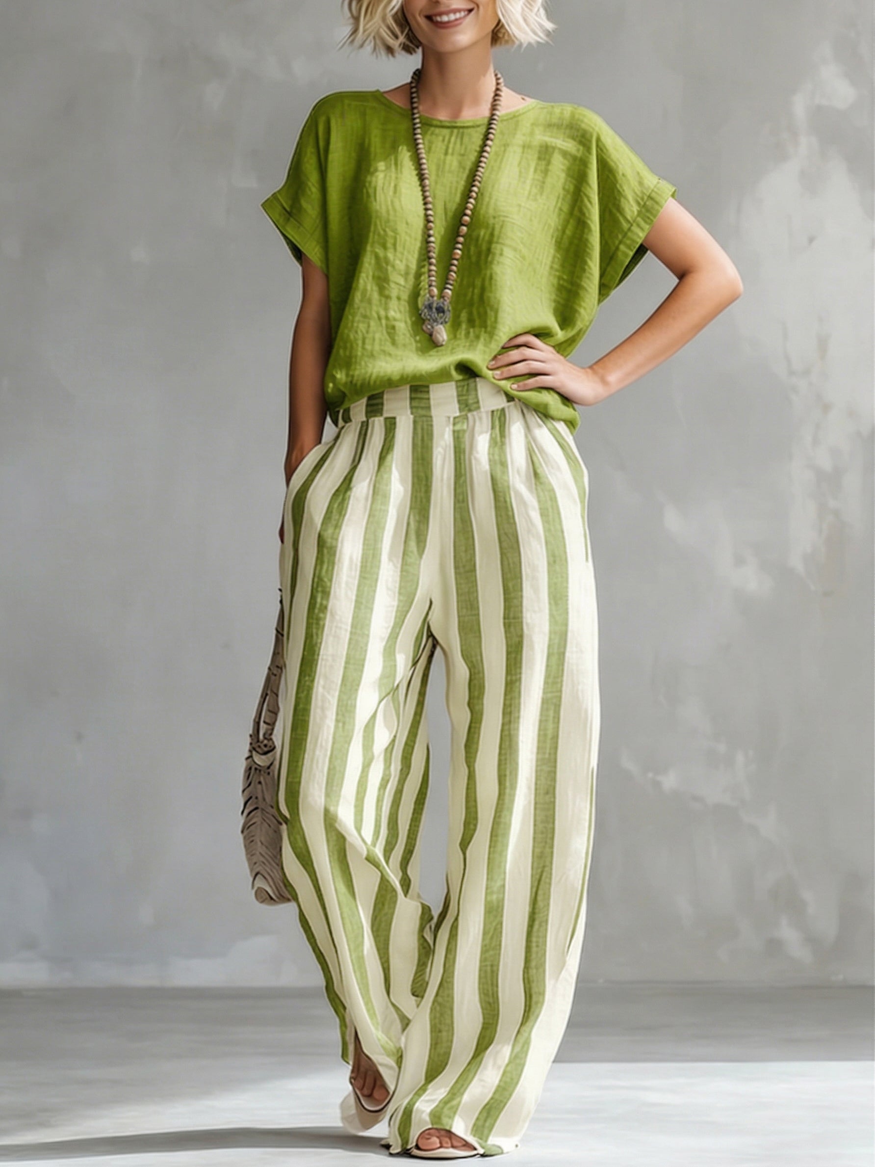 Nicole - Cozy Loose-fit Striped Cotton-linen Two-piece Set