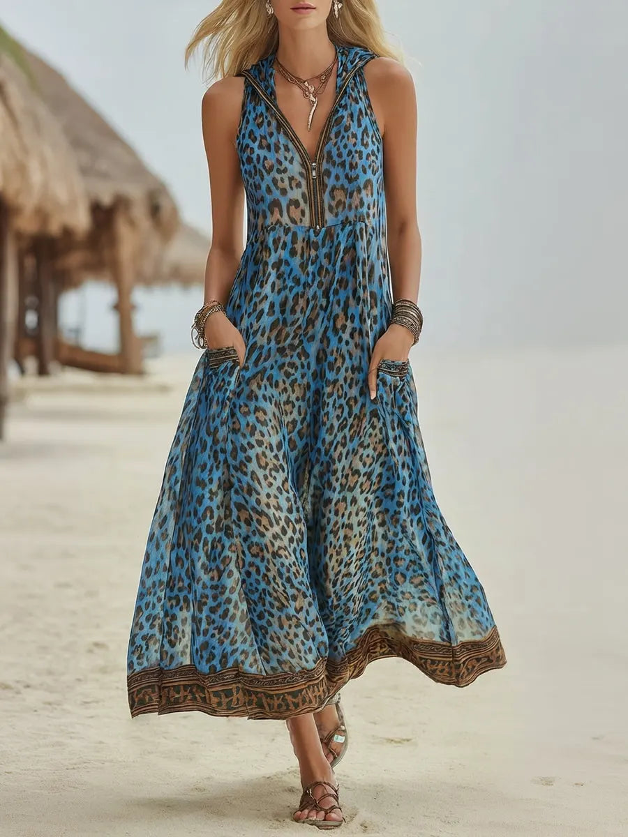 Polly - Green Leopard Print Hooded Midi Dress