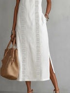 Janina - Linen Midi Dress with Mao Collar