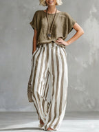 Nicole - Cozy Loose-fit Striped Cotton-linen Two-piece Set
