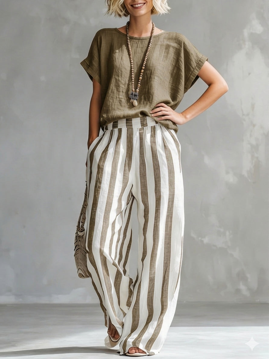 Nicole - Cozy Loose-fit Striped Cotton-linen Two-piece Set