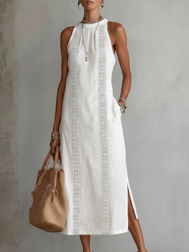 Janina - Linen Midi Dress with Mao Collar