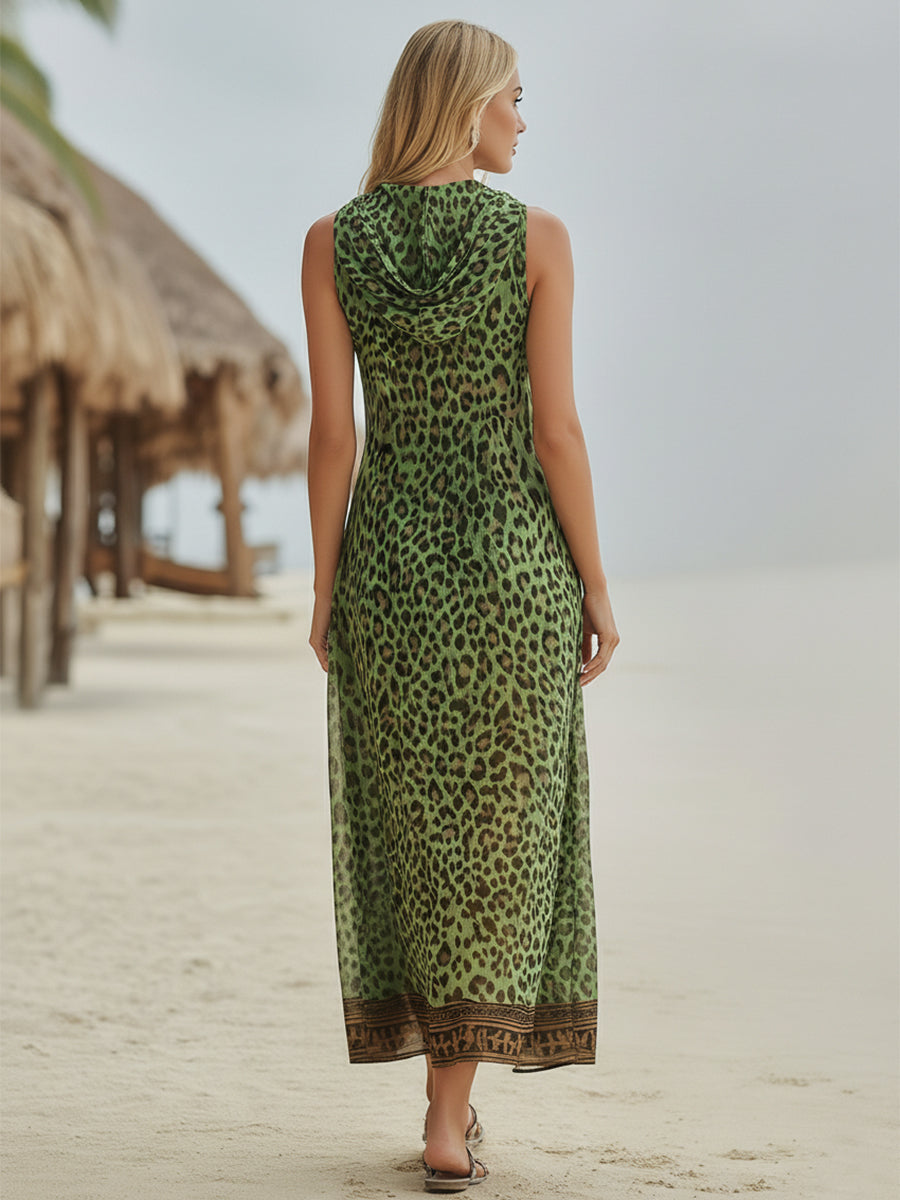 Polly - Green Leopard Print Hooded Midi Dress