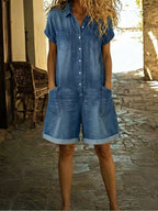 Jenna - Casual Cotton Denim Jumpsuit Shorts