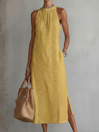 Janina - Linen Midi Dress with Mao Collar