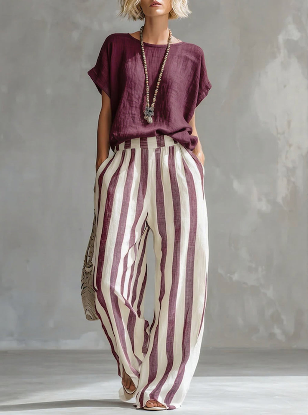 Nicole - Cozy Loose-fit Striped Cotton-linen Two-piece Set