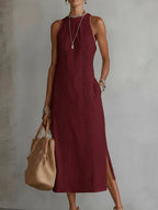 Janina - Linen Midi Dress with Mao Collar