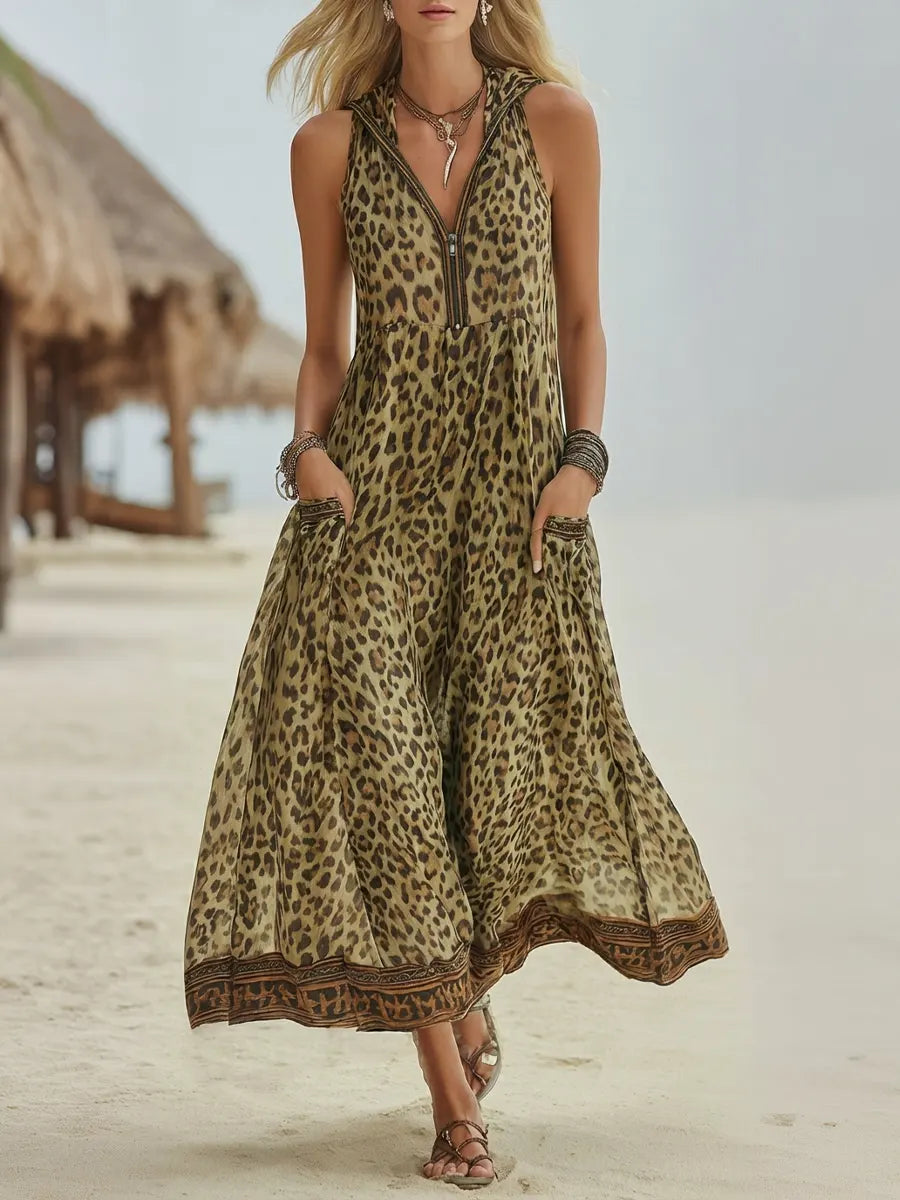 Polly - Green Leopard Print Hooded Midi Dress