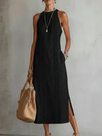 Janina - Linen Midi Dress with Mao Collar