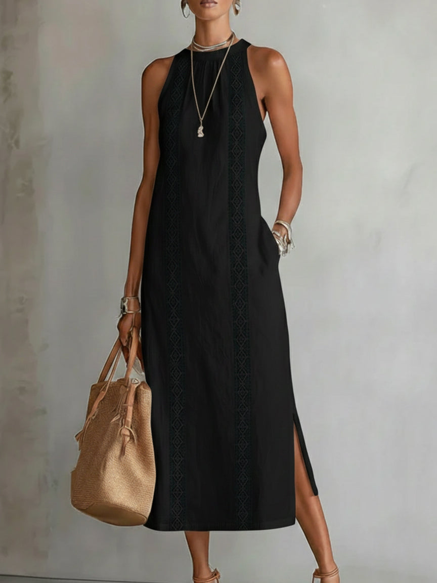 Janina - Linen Midi Dress with Mao Collar