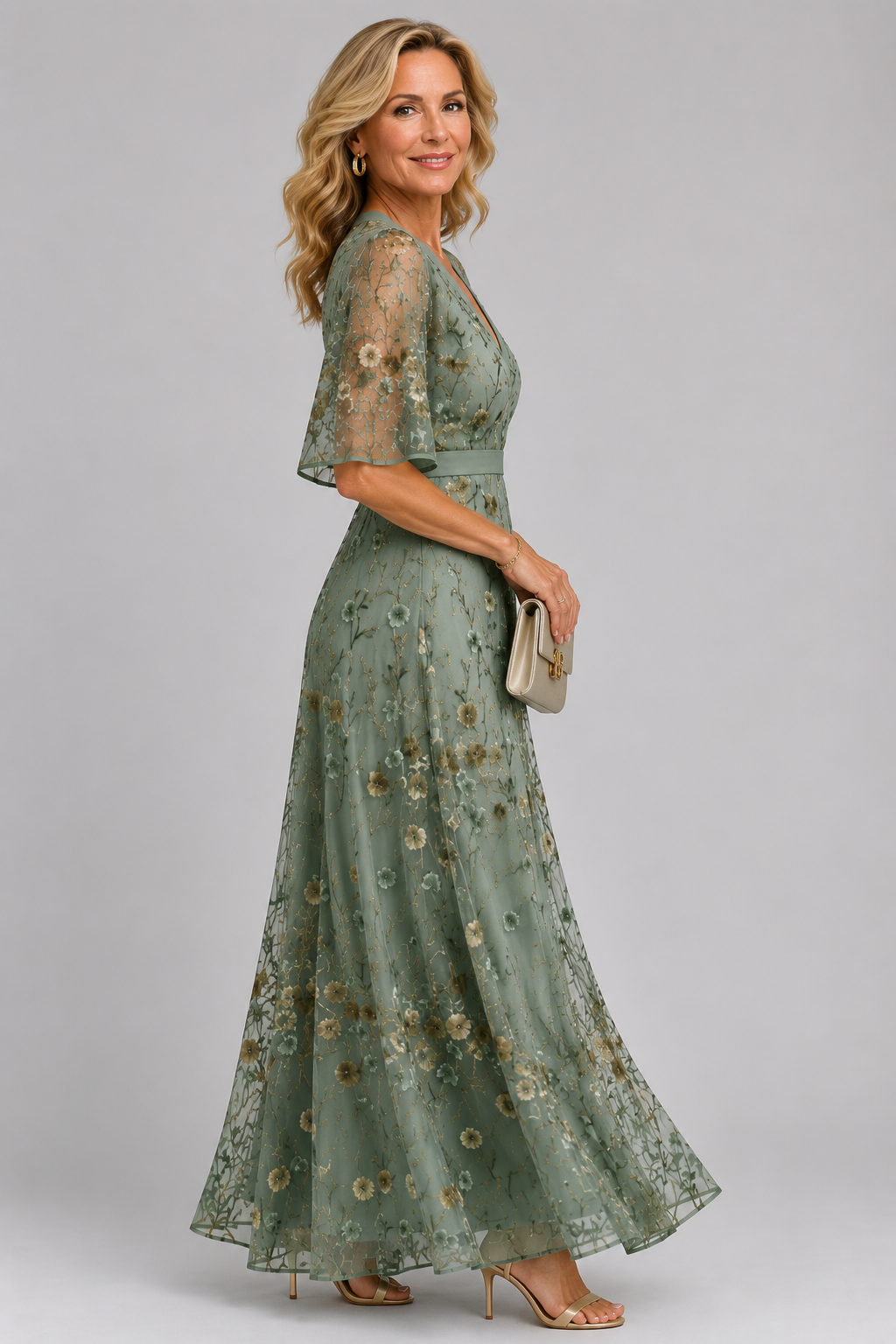 Selora - Floral Flutter Sleeve Maxi Dress side view