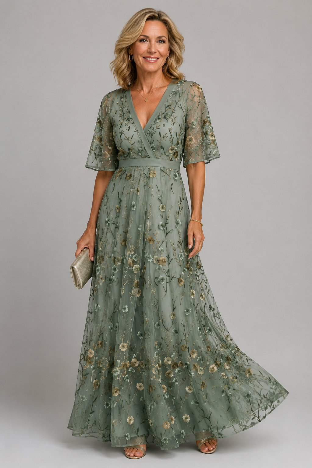 Selora - Floral Flutter Sleeve Maxi Dress in sage green