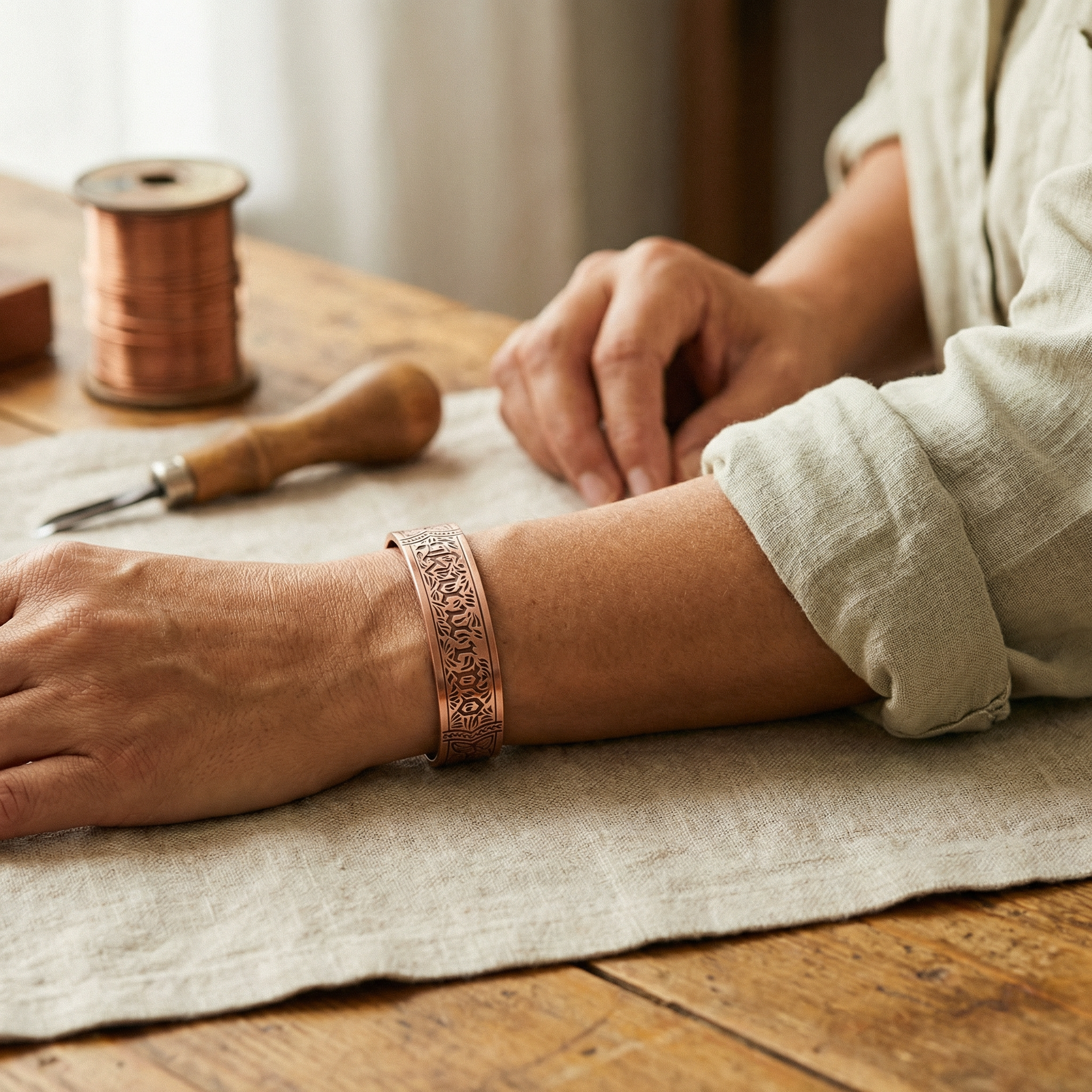 Agatha copper cuff engraving detail
