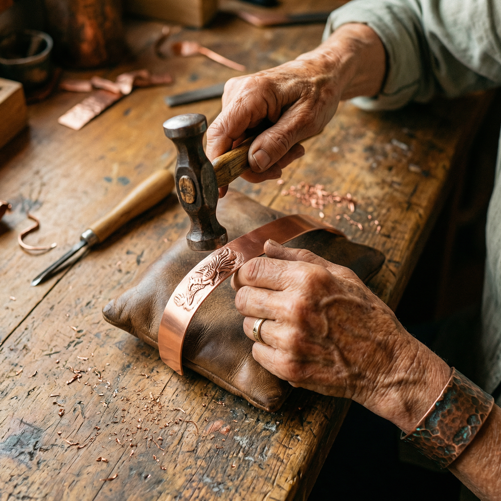 Alditha copper cuff worn on the wrist