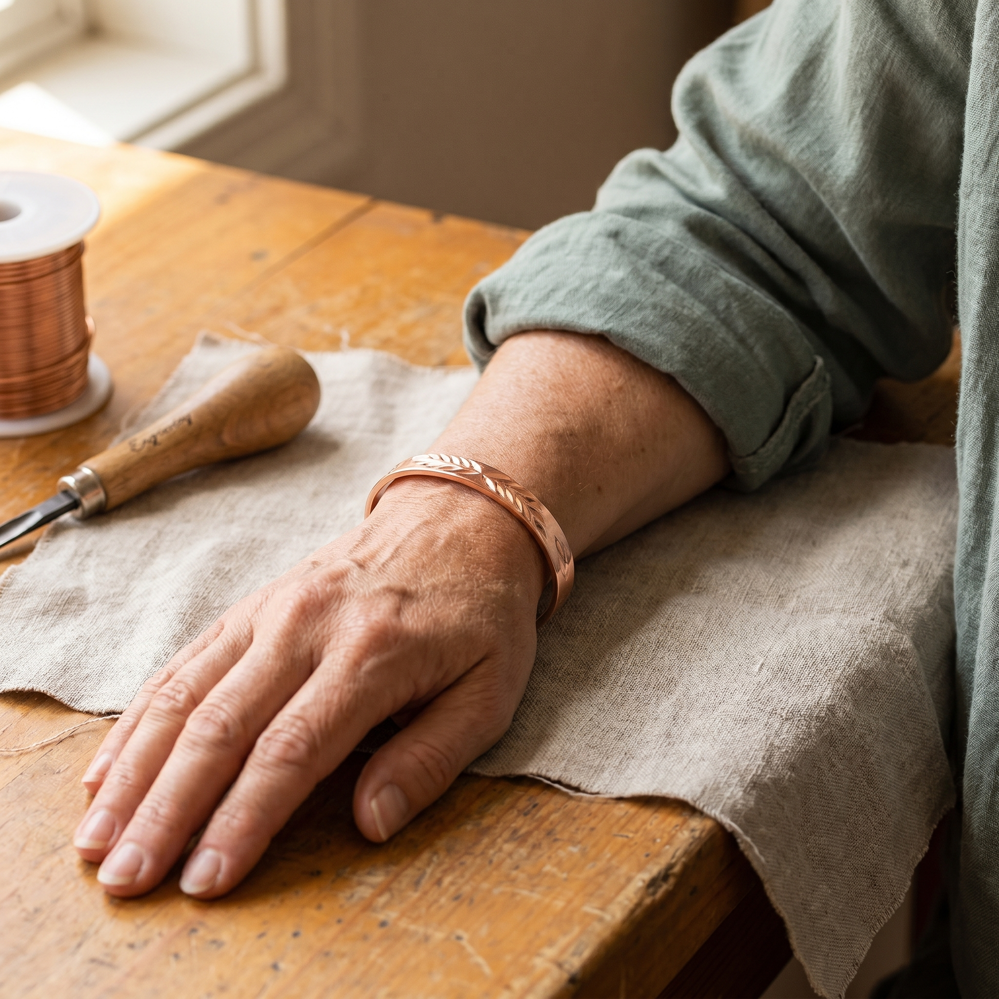 Eleanor copper bangle leaf cutwork detail