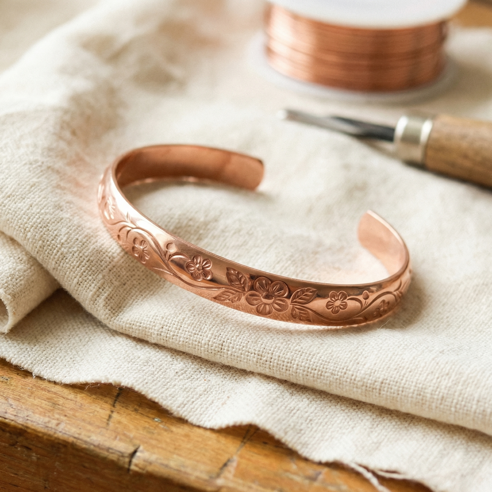 Felicity engraved flower copper bracelet