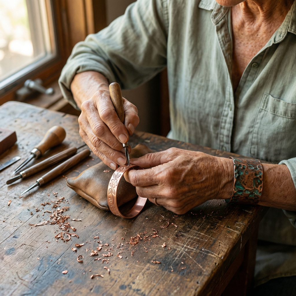Felicity copper bracelet worn on the wrist