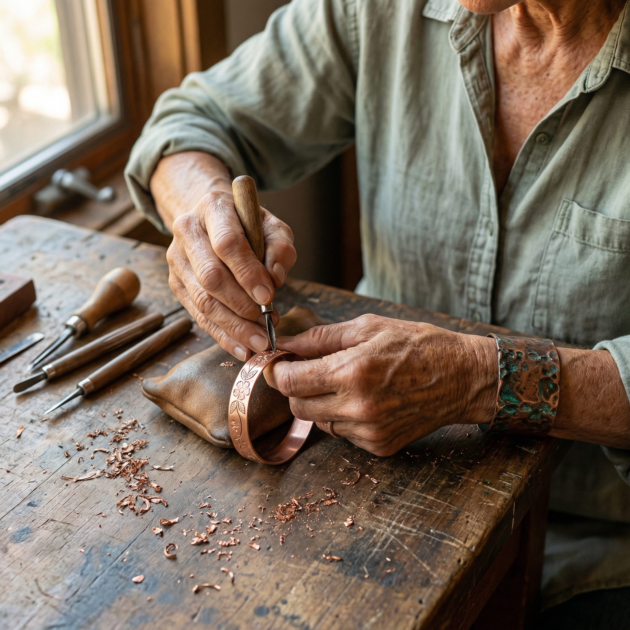 Felicity copper bracelet worn on the wrist