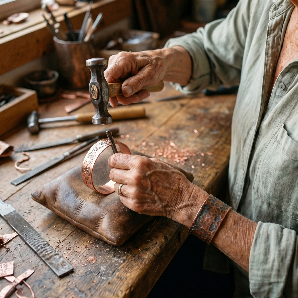 Julia copper bracelet worn on the wrist