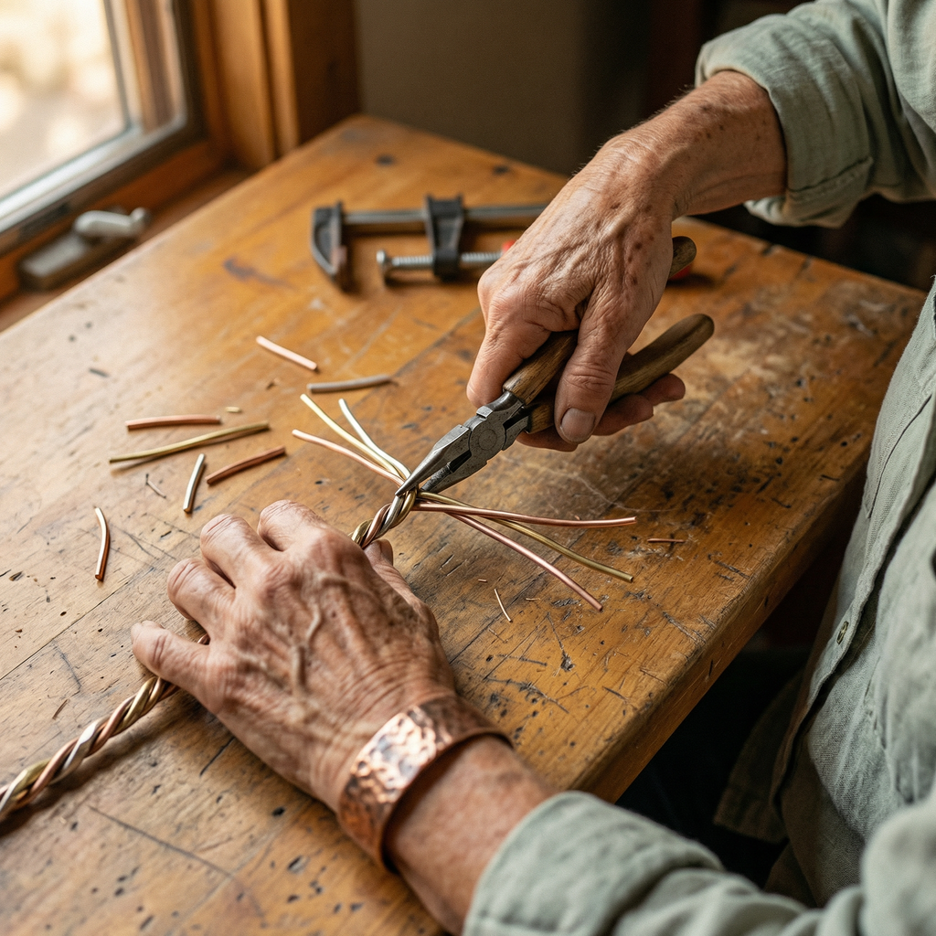 Mabel copper bracelet worn on the wrist