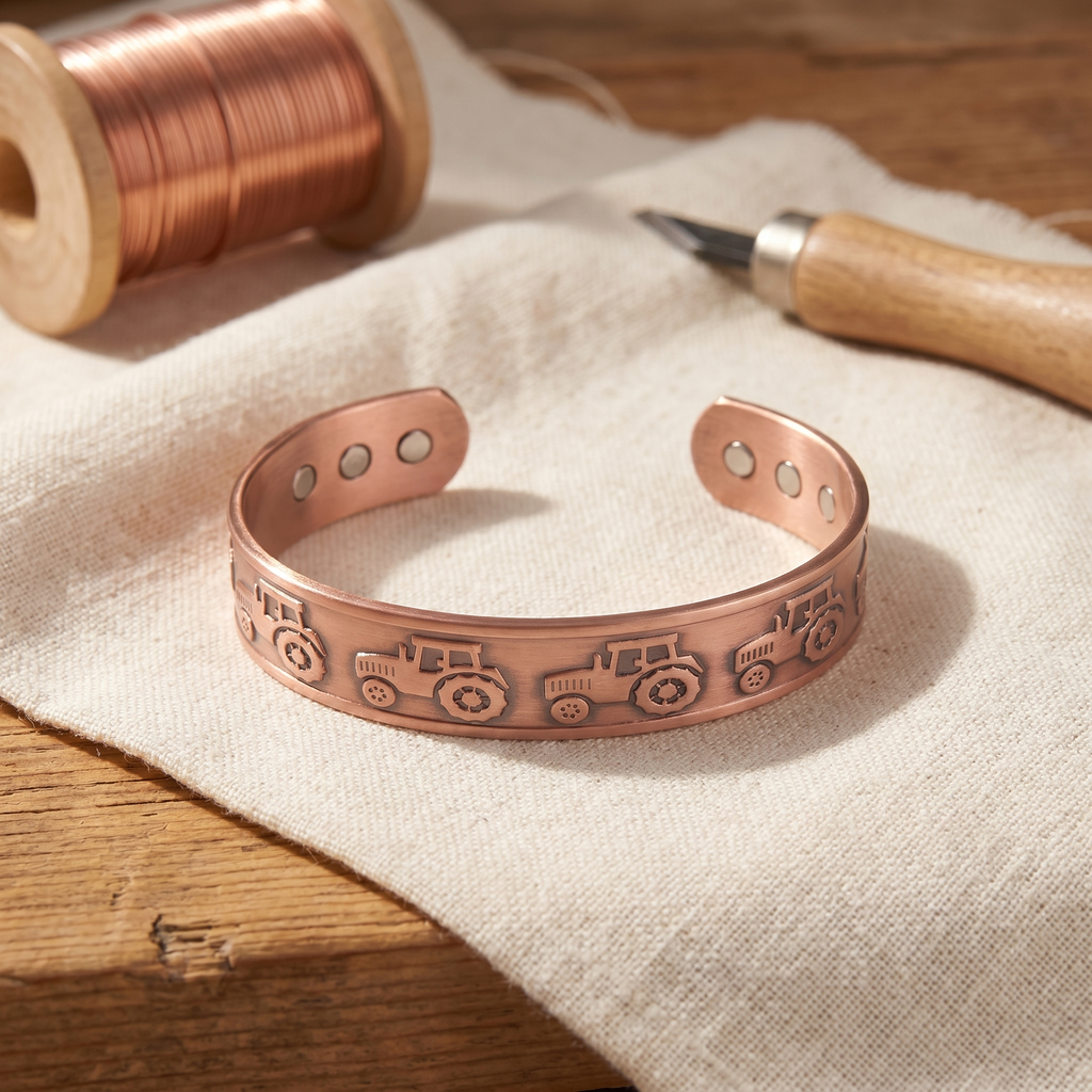 Madeleine stamped tractor copper bracelet