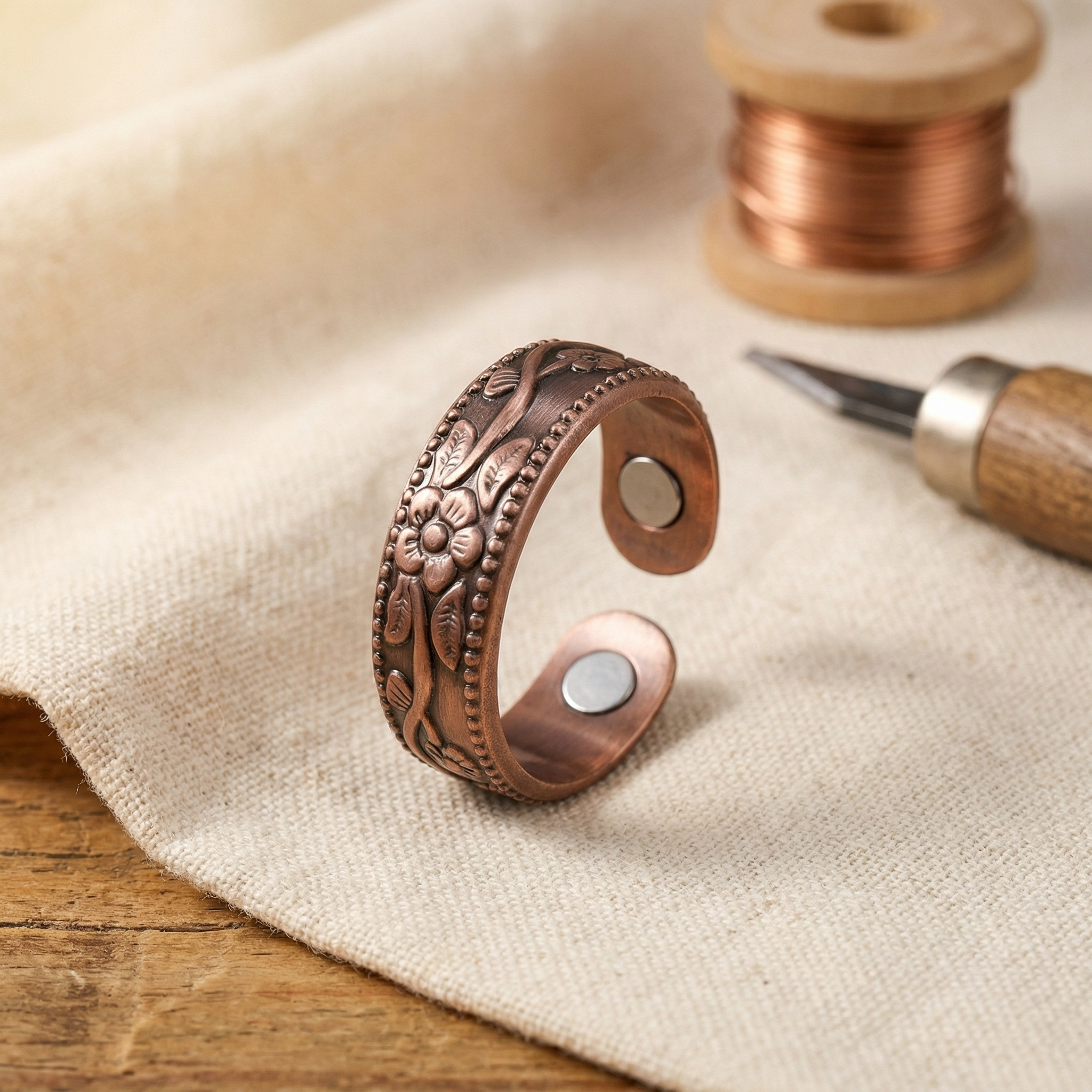 Margaret hand-detailed flower copper ring