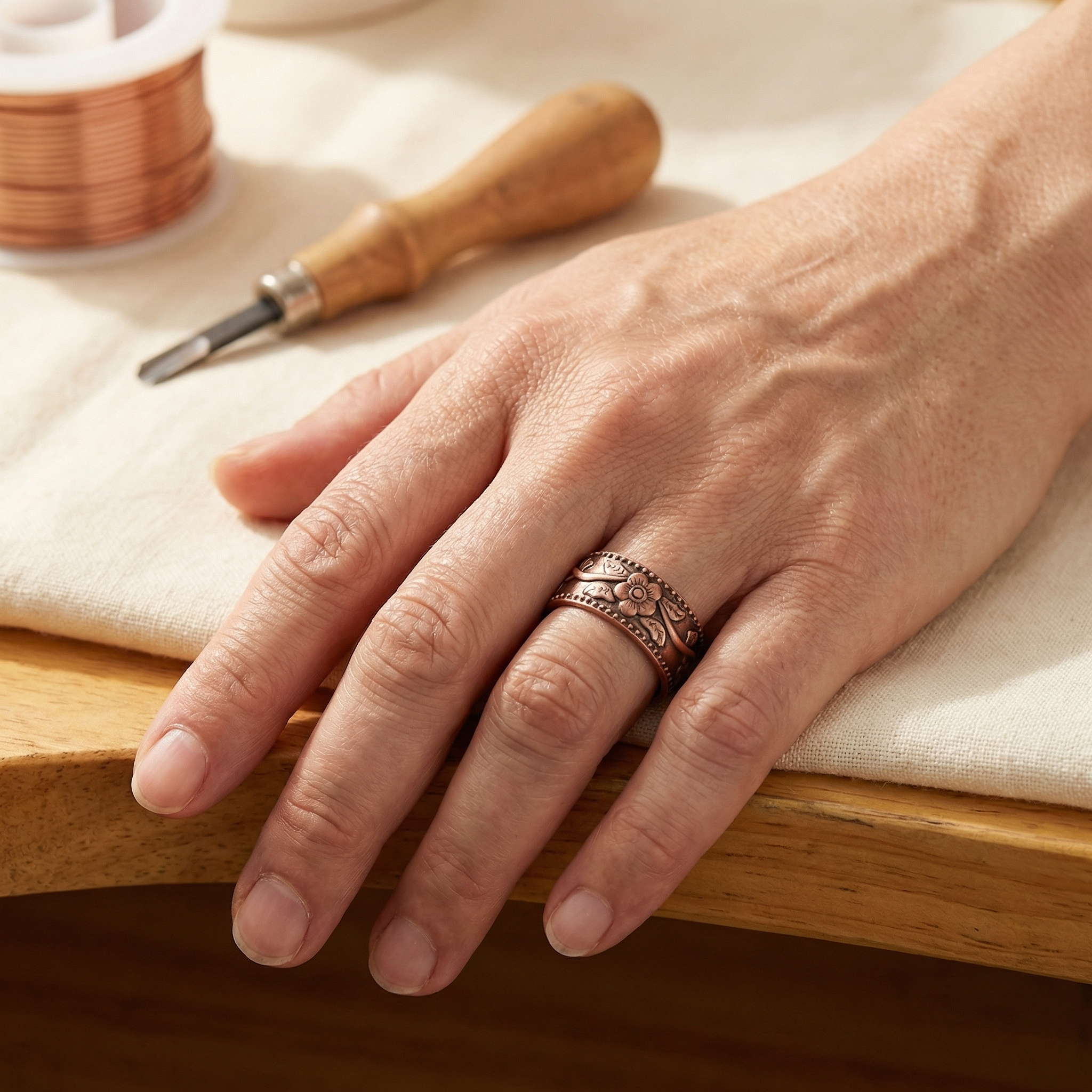 Margaret copper ring flower and bead detail
